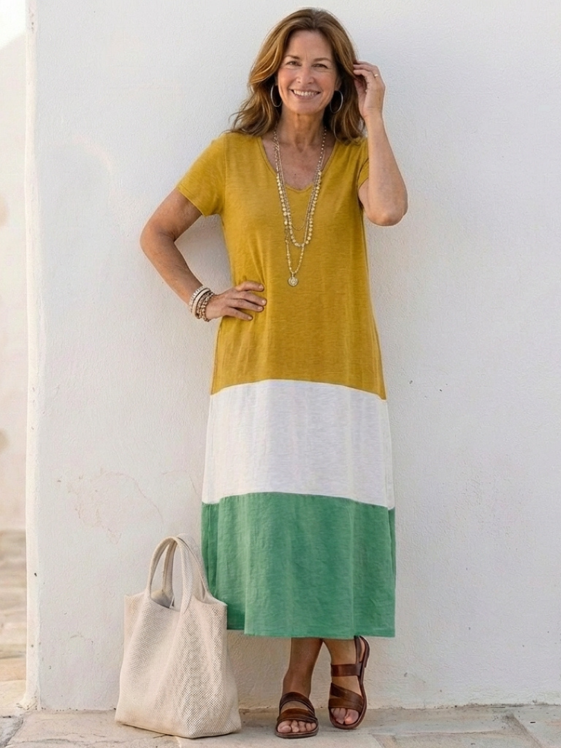 Abito midi da donna color block con scollo a V – Maniche corte e linea fluida