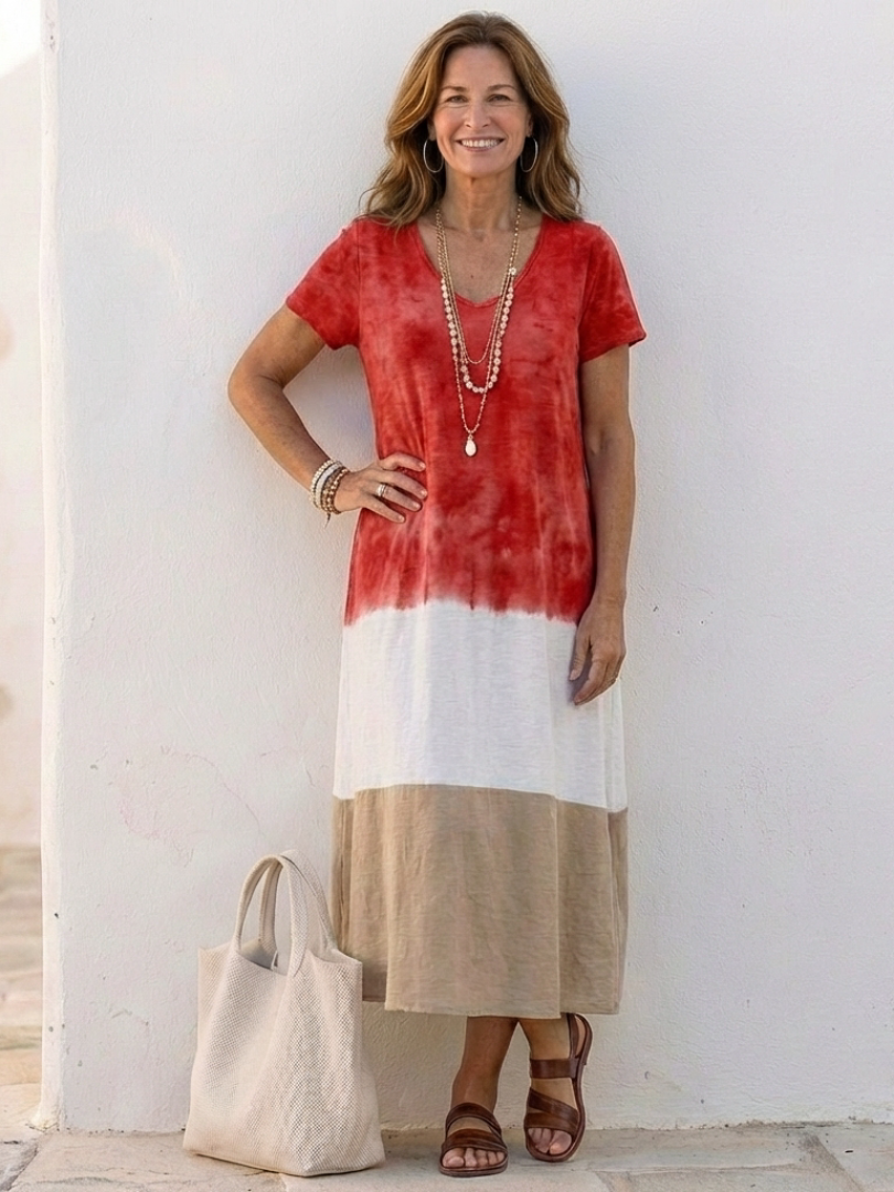 Abito midi da donna color block con scollo a V – Maniche corte e linea fluida