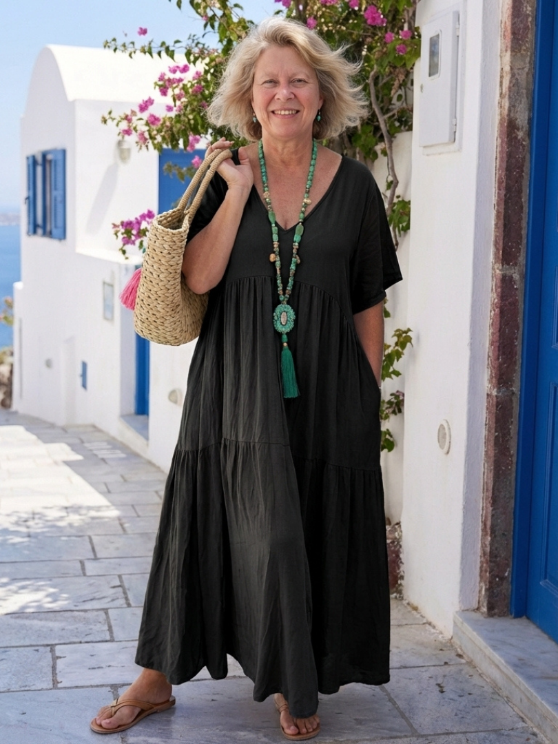 Abito maxi da donna a balze blu – Maniche corte e stile leggero
