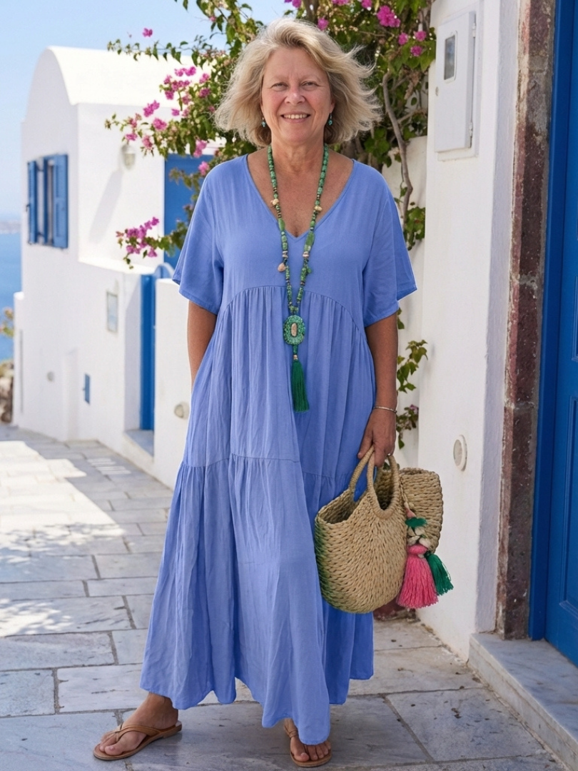 Abito maxi da donna a balze blu – Maniche corte e stile leggero