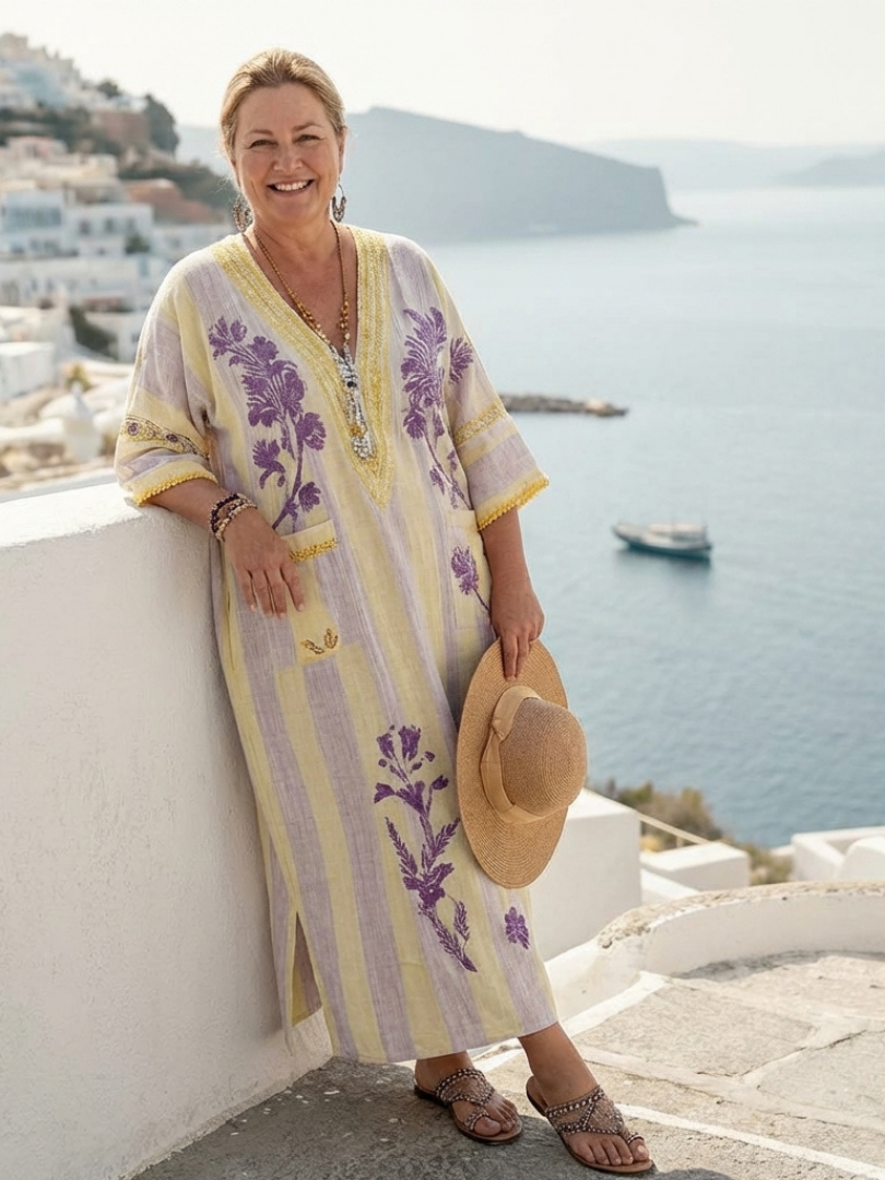 Abito maxi floreale da donna con scollo a V – Maniche a mezza lunghezza e righe delicate
