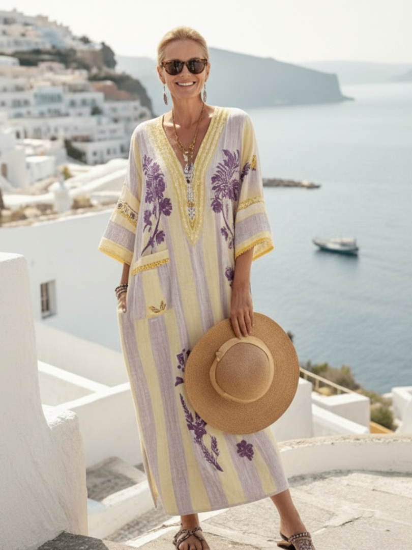 Abito maxi floreale da donna con scollo a V – Maniche a mezza lunghezza e righe delicate