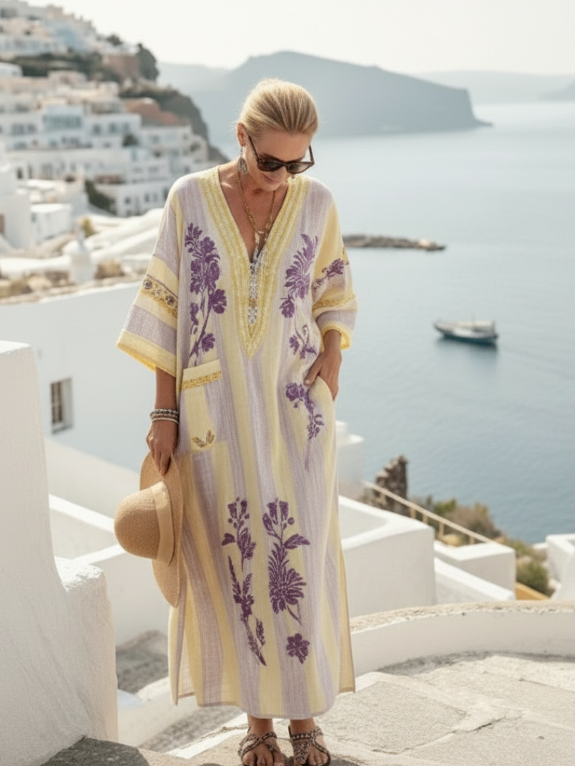 Abito maxi floreale da donna con scollo a V – Maniche a mezza lunghezza e righe delicate