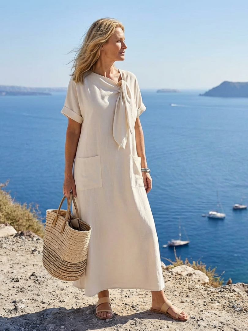 Abito maxi da donna con tasche e maniche corte – Collo rotondo e linea fluida