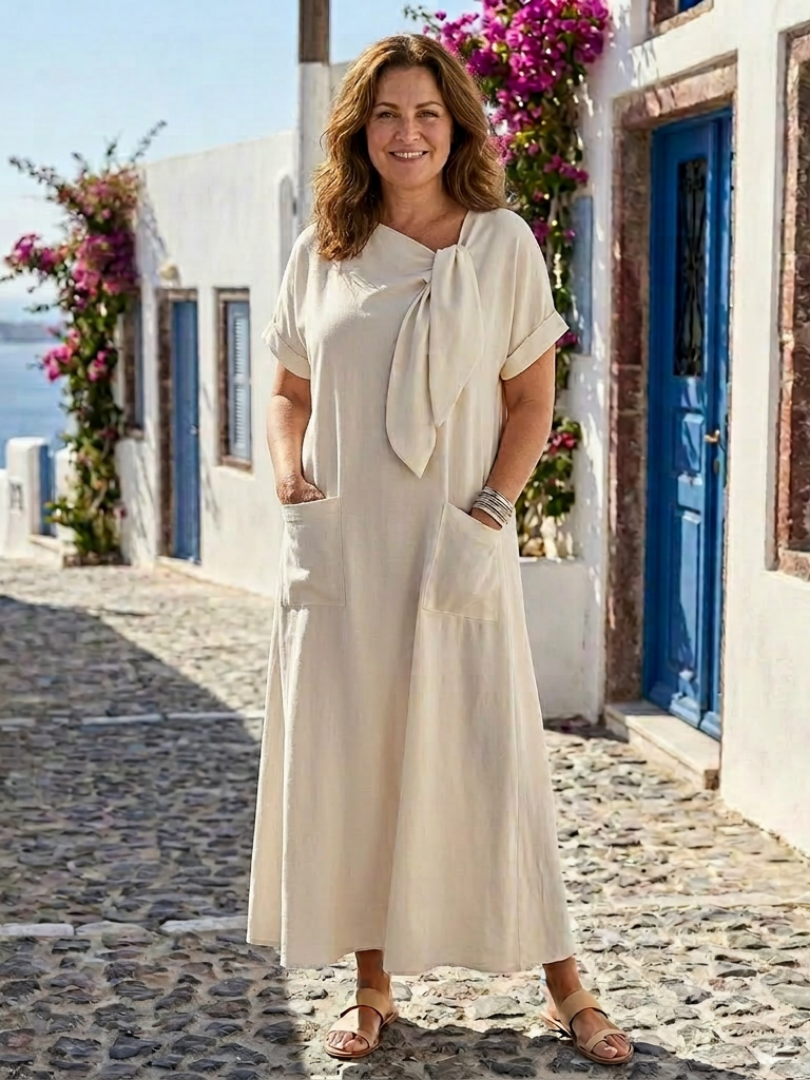 Abito maxi da donna con tasche e maniche corte – Collo rotondo e linea fluida
