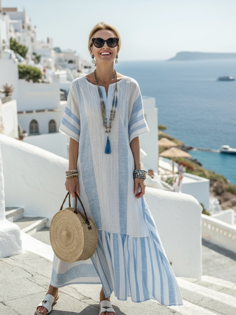 Abito maxi da donna a righe con maniche corte – Collo rotondo e stile rilassato