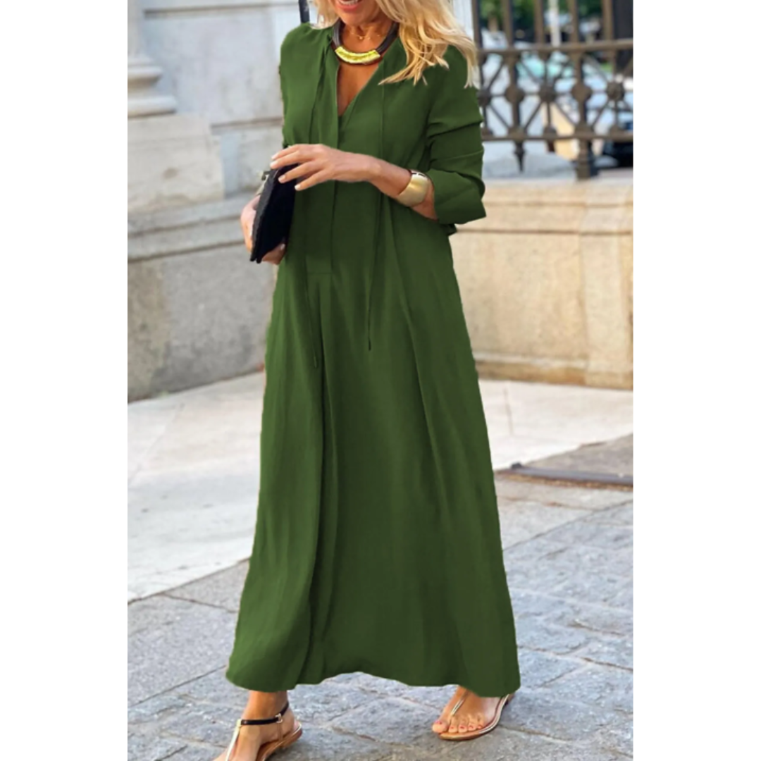 Elegante abito lungo con scollo a V per donna – Abito svasato a maniche lunghe
