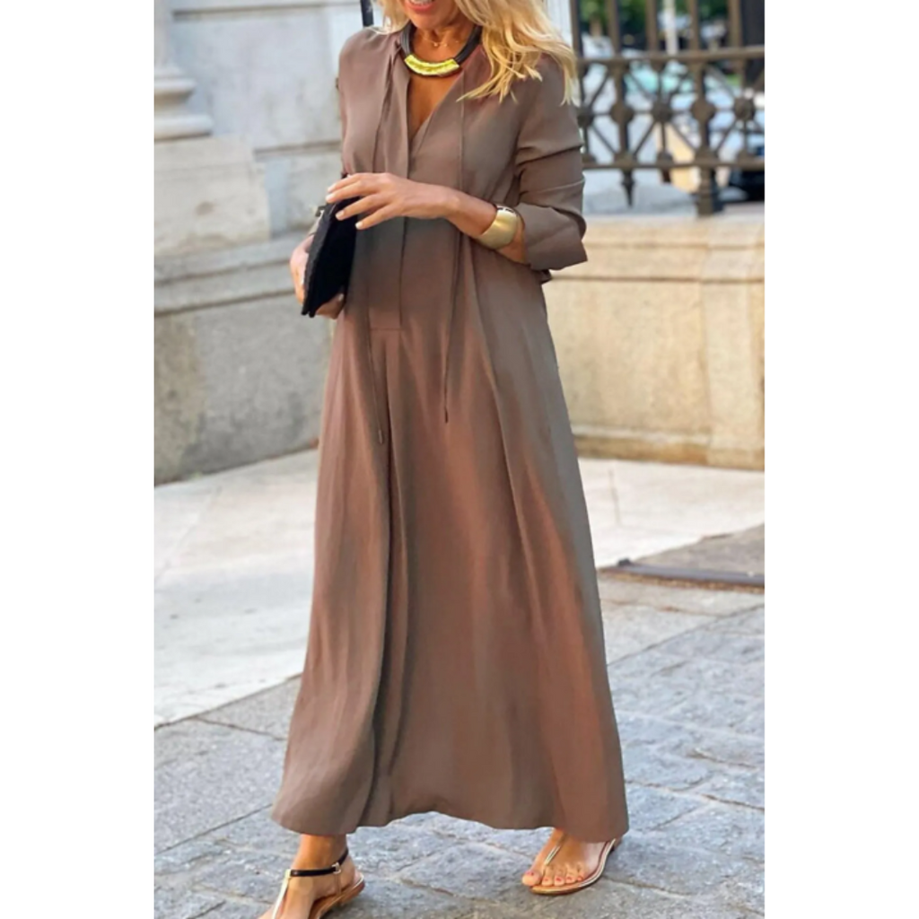 Elegante abito lungo con scollo a V per donna – Abito svasato a maniche lunghe