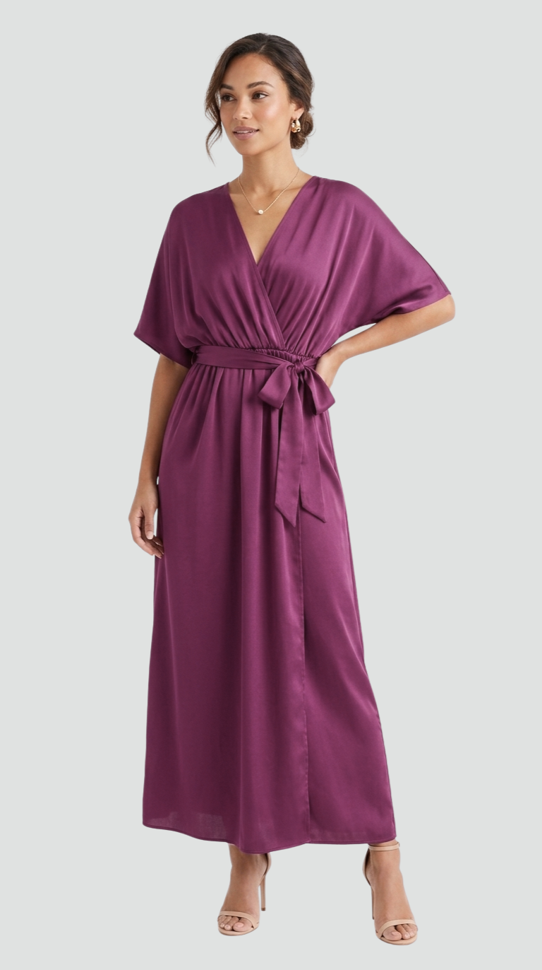 Abito midi da gala da donna con scollo a portafoglio e cintura - Elegante e fluido