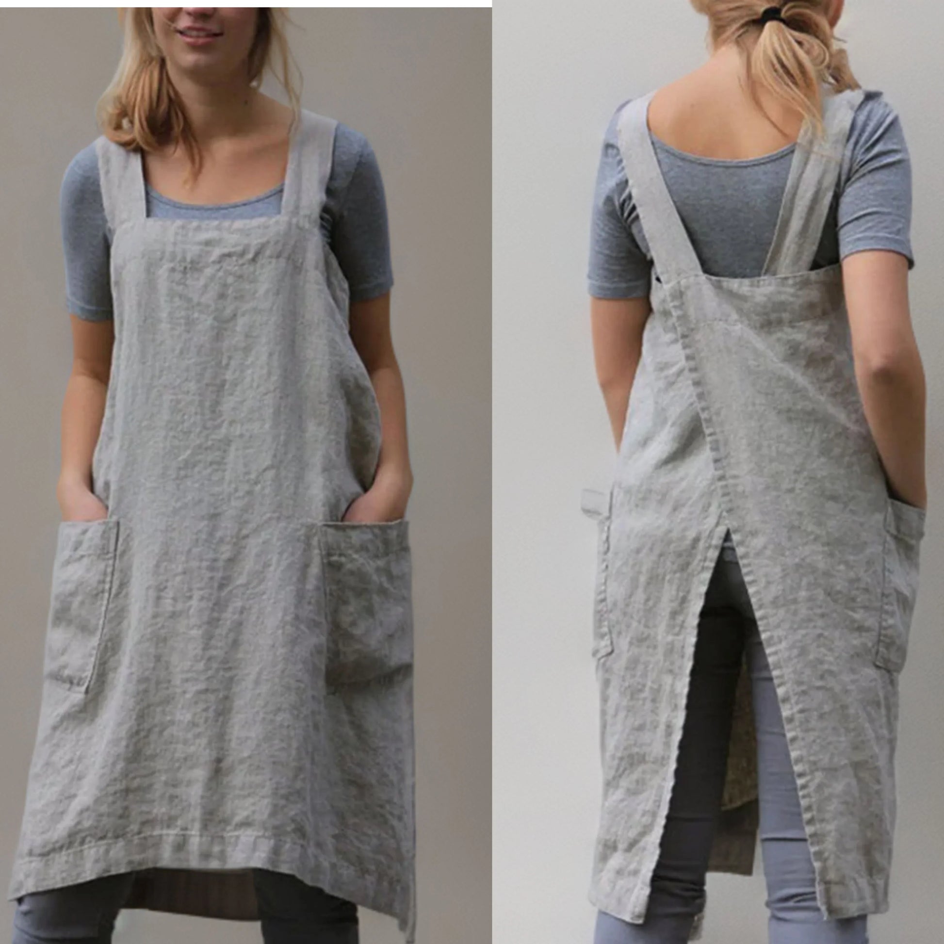 Abito grembiule in lino da donna – Elegante abito casual con tasche
