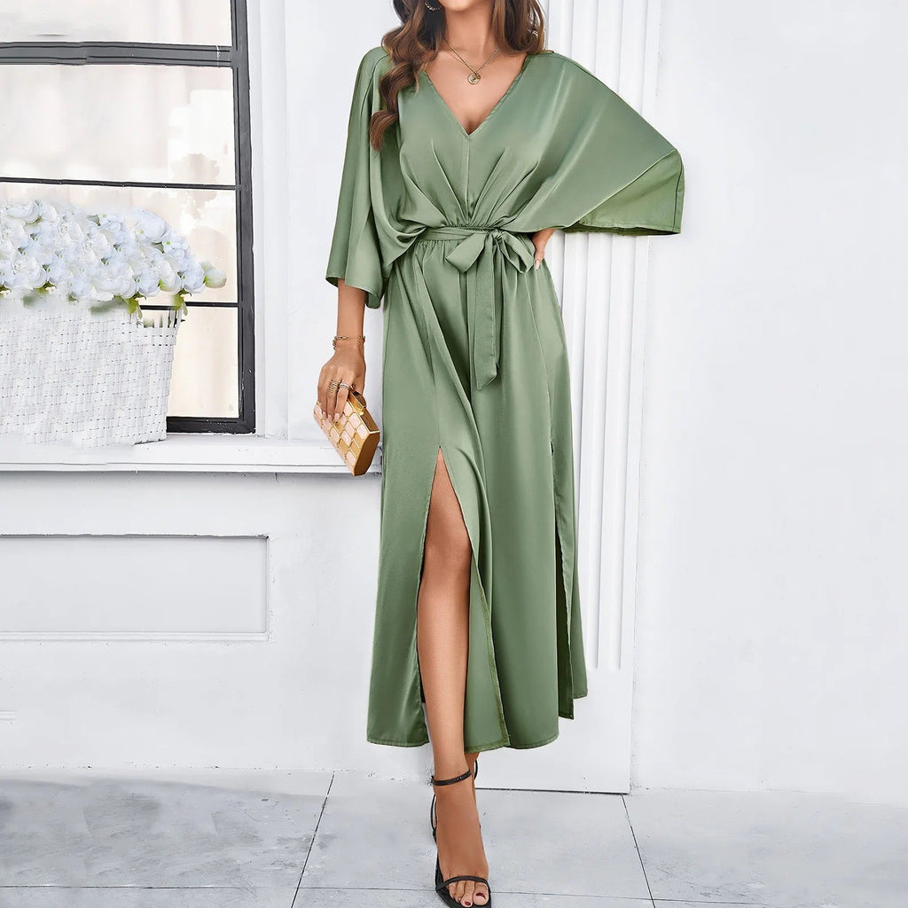 Donna Premium Scollo a V Spacco Abito Maxi – Elegante, Femminile