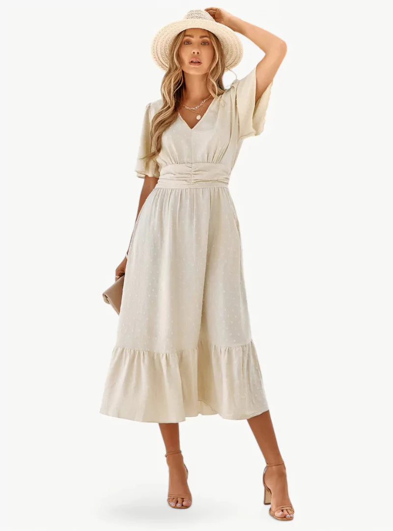 Abito estivo midi da donna con scollo a V – Vestibilità ampia e femminile che valorizza la vita, stile casual