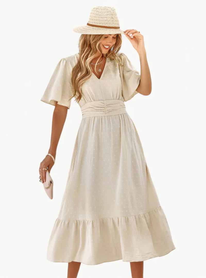 Abito estivo midi da donna con scollo a V – Vestibilità ampia e femminile che valorizza la vita, stile casual