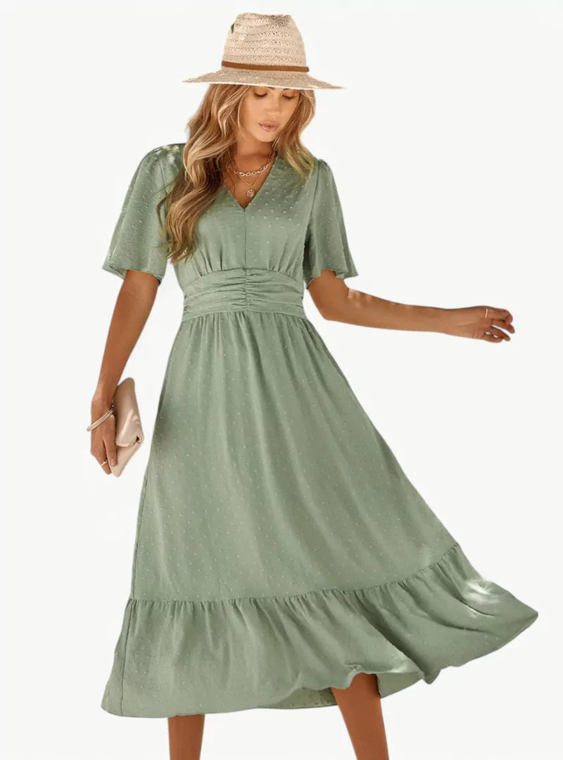 Abito estivo midi da donna con scollo a V – Vestibilità ampia e femminile che valorizza la vita, stile casual