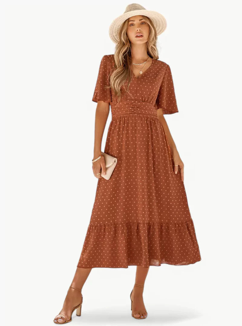 Abito estivo midi da donna con scollo a V – Vestibilità ampia e femminile che valorizza la vita, stile casual