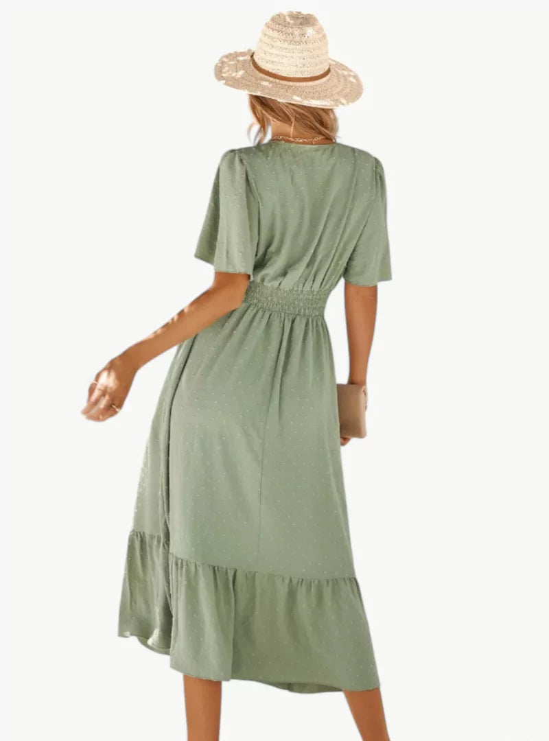 Abito estivo midi da donna con scollo a V – Vestibilità ampia e femminile che valorizza la vita, stile casual