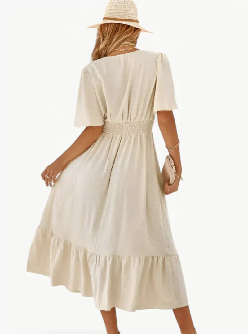 Abito estivo midi da donna con scollo a V – Vestibilità ampia e femminile che valorizza la vita, stile casual