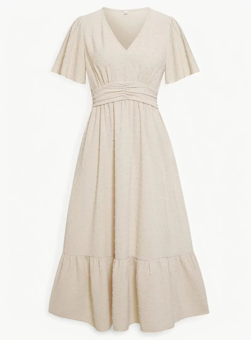 Abito estivo midi da donna con scollo a V – Vestibilità ampia e femminile che valorizza la vita, stile casual