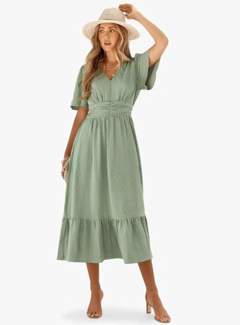 Abito estivo midi da donna con scollo a V – Vestibilità ampia e femminile che valorizza la vita, stile casual