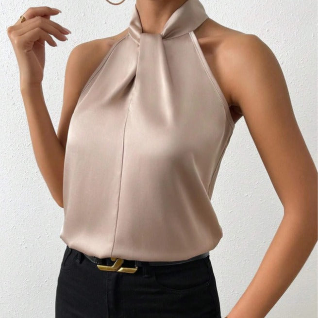 Women's satin halter blouse – Elegant silk top with neck ties