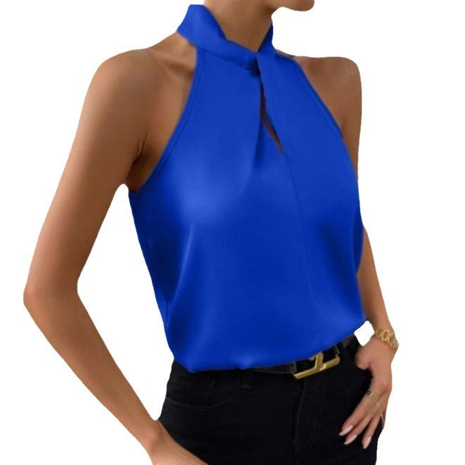Blusa da donna in raso con scollo all'americana – Elegante top in seta con laccetti al collo
