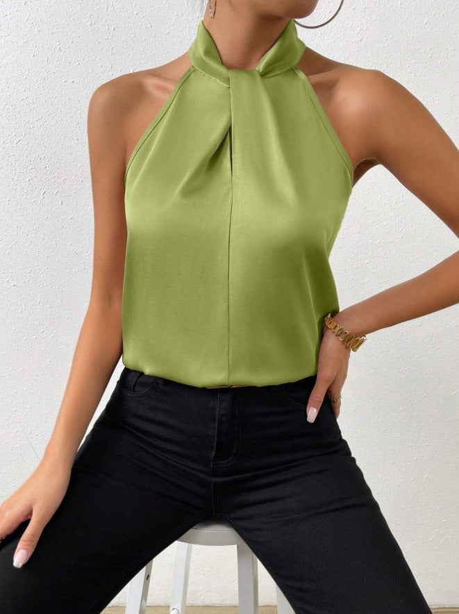 Blusa da donna in raso con scollo all'americana – Elegante top in seta con laccetti al collo