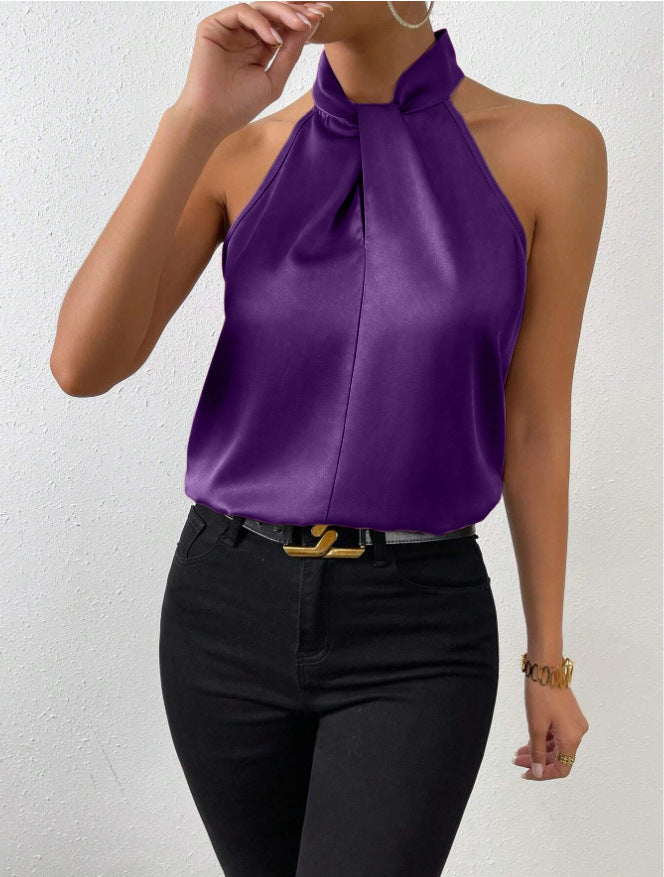 Blusa da donna in raso con scollo all'americana – Elegante top in seta con laccetti al collo