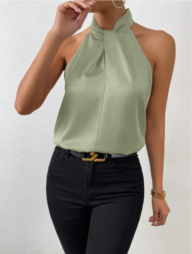 Blusa da donna in raso con scollo all'americana – Elegante top in seta con laccetti al collo