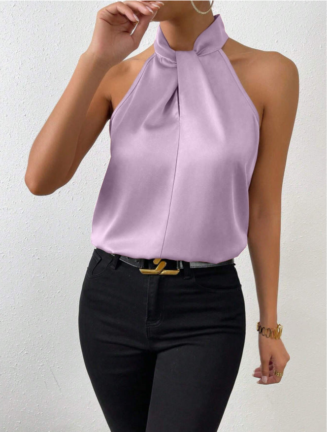 Blusa da donna in raso con scollo all'americana – Elegante top in seta con laccetti al collo