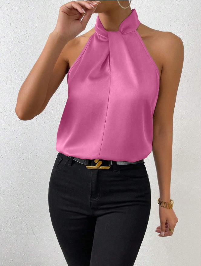 Blusa da donna in raso con scollo all'americana – Elegante top in seta con laccetti al collo