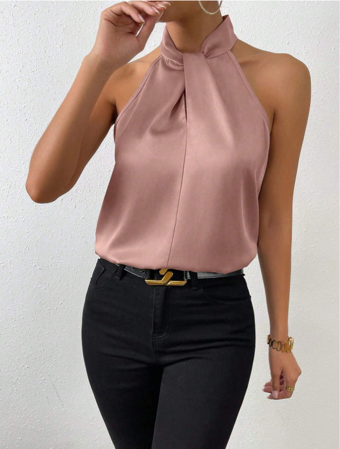 Blusa da donna in raso con scollo all'americana – Elegante top in seta con laccetti al collo