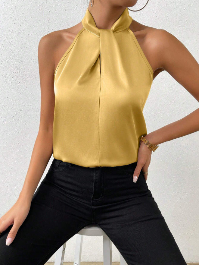 Blusa da donna in raso con scollo all'americana – Elegante top in seta con laccetti al collo