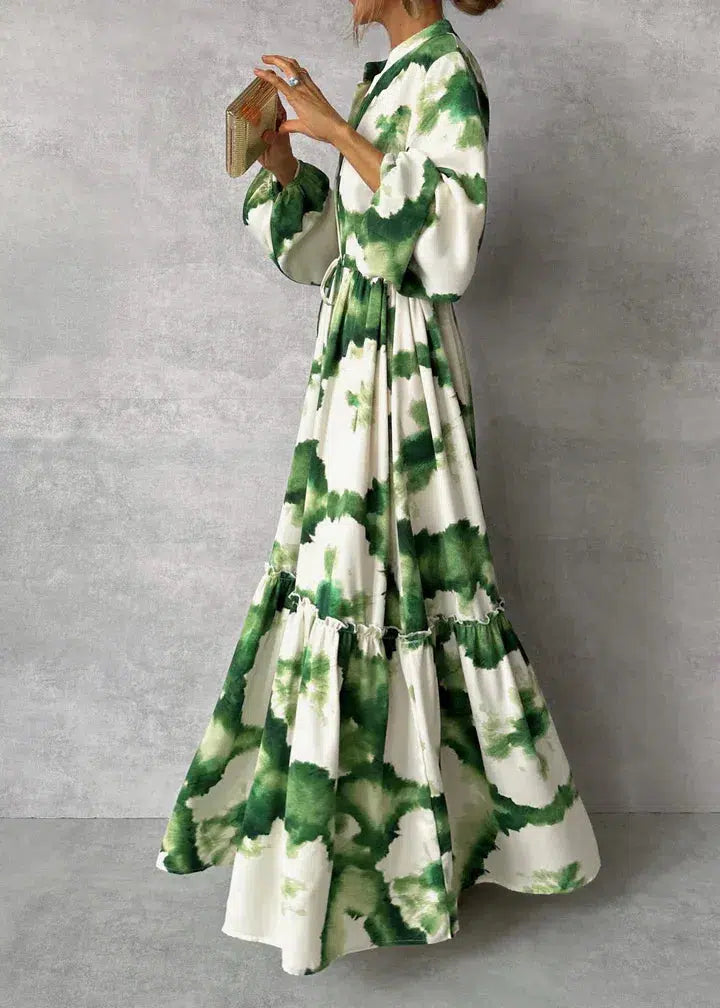Abito lungo svasato a maniche lunghe con scollo a V, verde e bianco, da donna - Elegante, fluido e leggero abito estivo