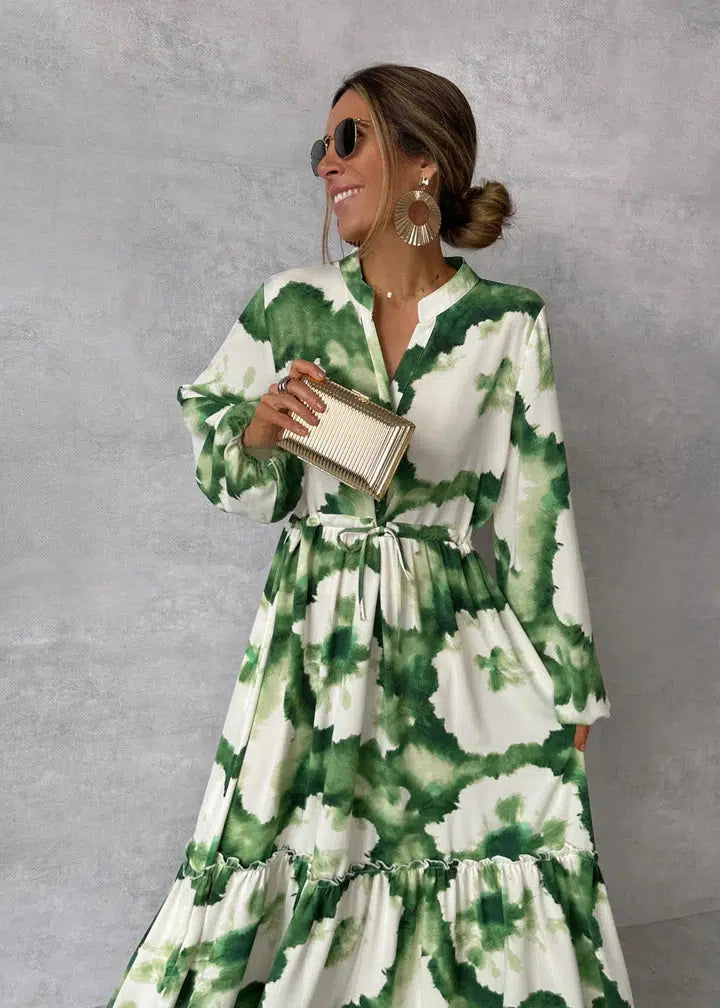 Abito lungo svasato a maniche lunghe con scollo a V, verde e bianco, da donna - Elegante, fluido e leggero abito estivo