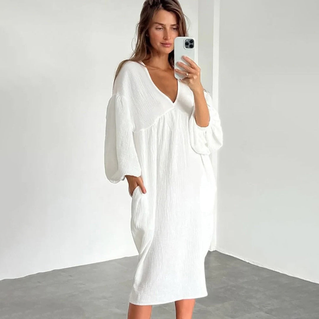Abito midi casual da donna – Abito ampio con scollo a V