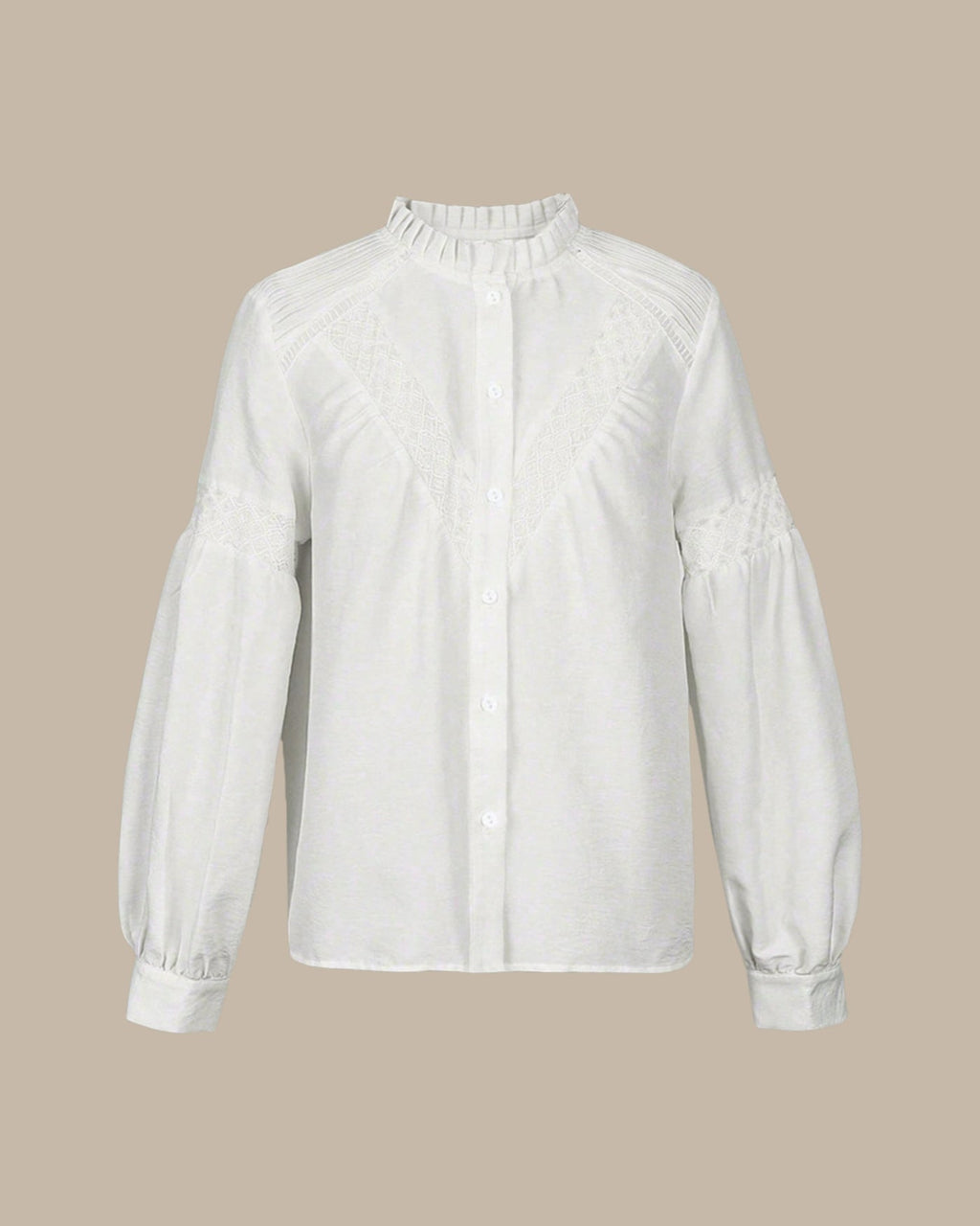 Elegante camicetta casual bianca testurizzata da donna – Top a maniche lunghe con patchwork in pizzo ricamato