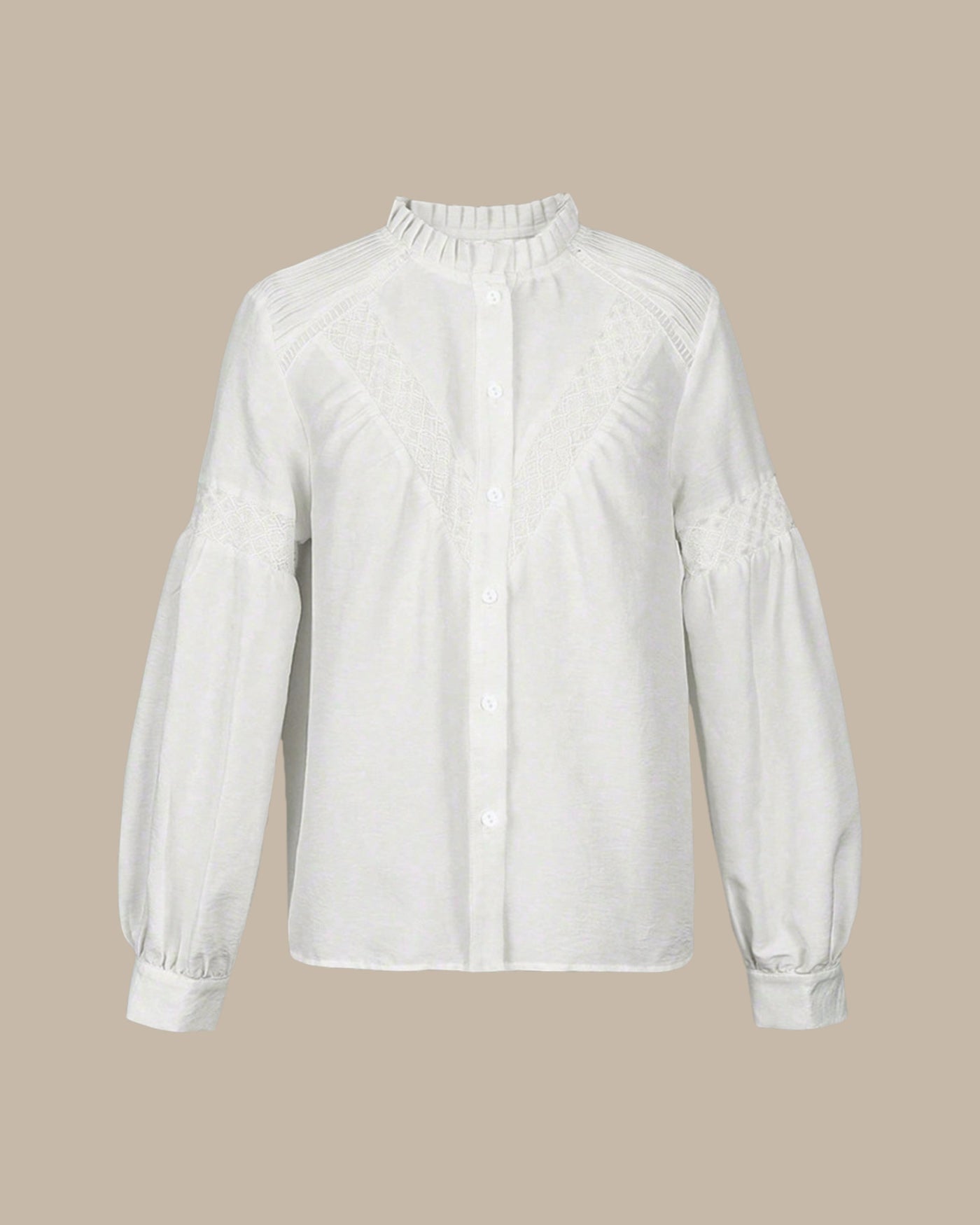 Elegante camicetta casual bianca testurizzata da donna – Top a maniche lunghe con patchwork in pizzo ricamato