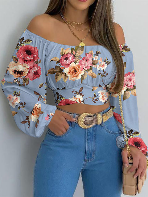 Elegante top corto da donna – blusa a maniche lunghe con spalle scoperte
