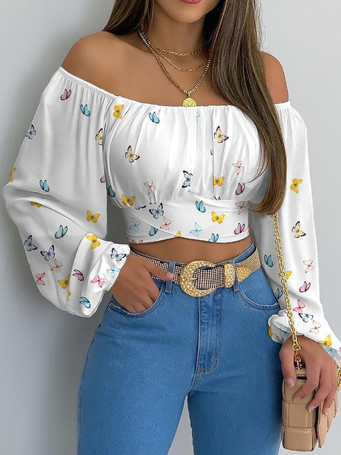 Elegante top corto da donna – blusa a maniche lunghe con spalle scoperte
