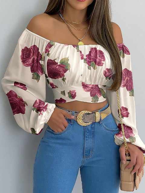 Elegante top corto da donna – blusa a maniche lunghe con spalle scoperte
