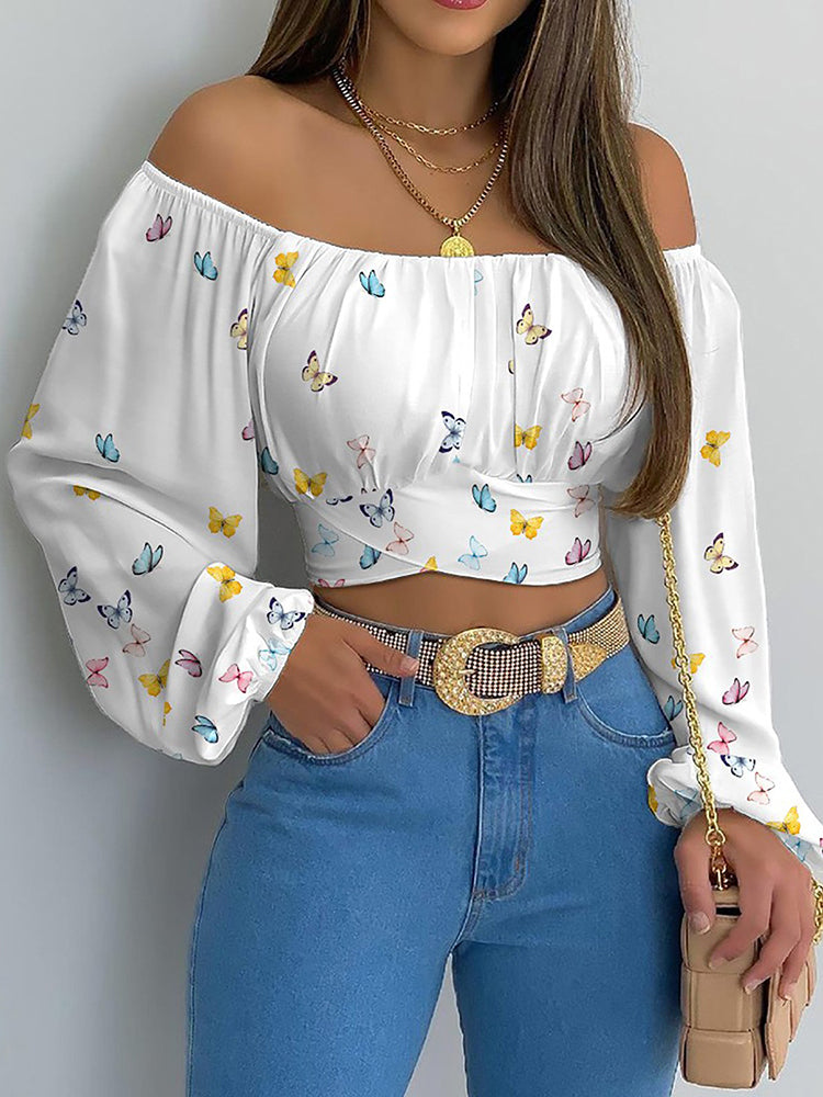 Elegante top corto da donna – blusa a maniche lunghe con spalle scoperte