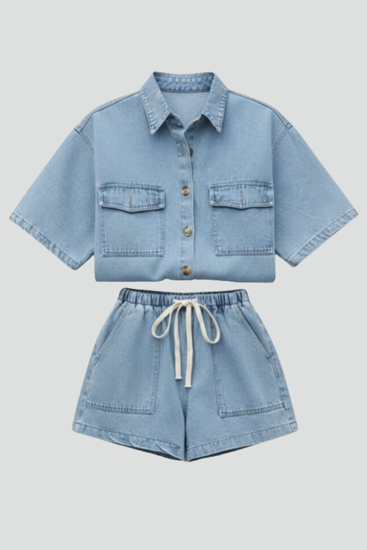 Completo Denim Donna - Giacca Maniche Corte e Shorts Vita Alta