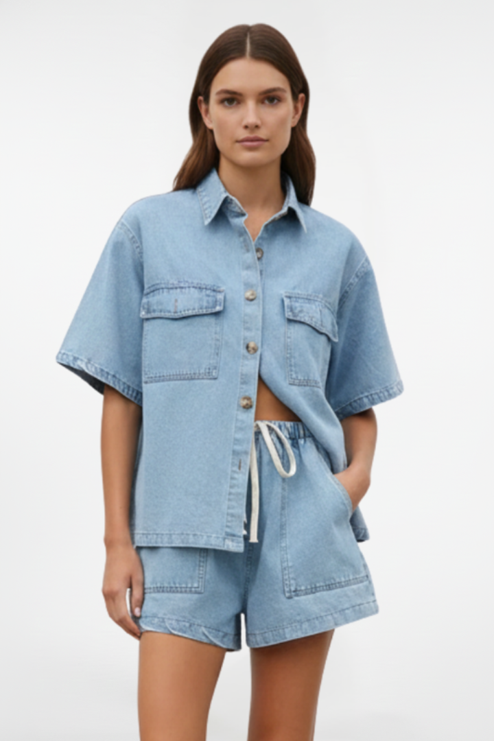 Completo Denim Donna - Giacca Maniche Corte e Shorts Vita Alta