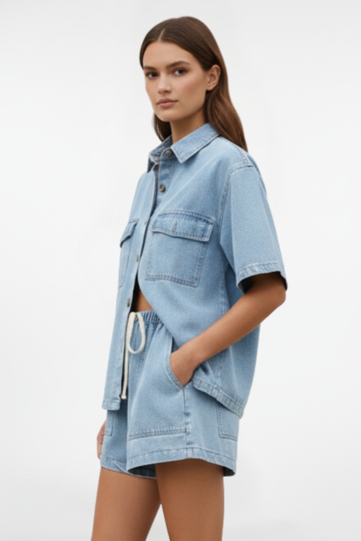 Completo Denim Donna - Giacca Maniche Corte e Shorts Vita Alta
