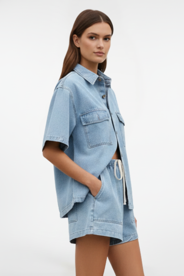 Completo Denim Donna - Giacca Maniche Corte e Shorts Vita Alta