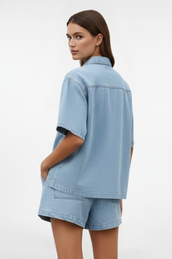 Completo Denim Donna - Giacca Maniche Corte e Shorts Vita Alta