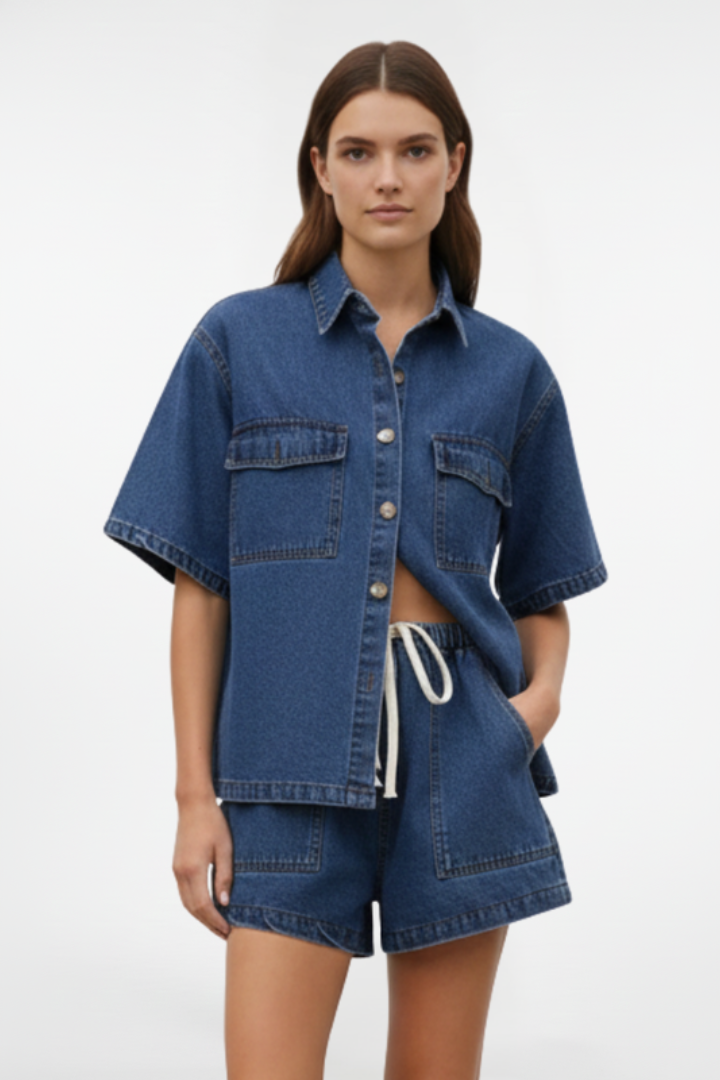 Completo Denim Donna - Giacca Maniche Corte e Shorts Vita Alta
