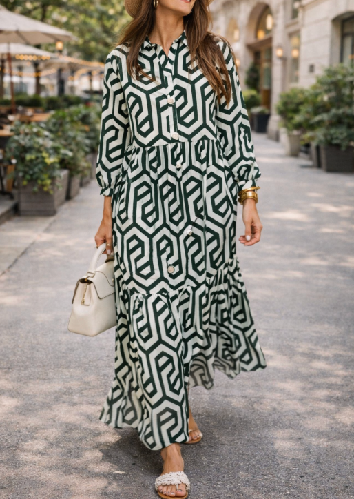 Abito lungo da donna a maniche lunghe con stampa geometrica – Stile casual, elegante e fluido