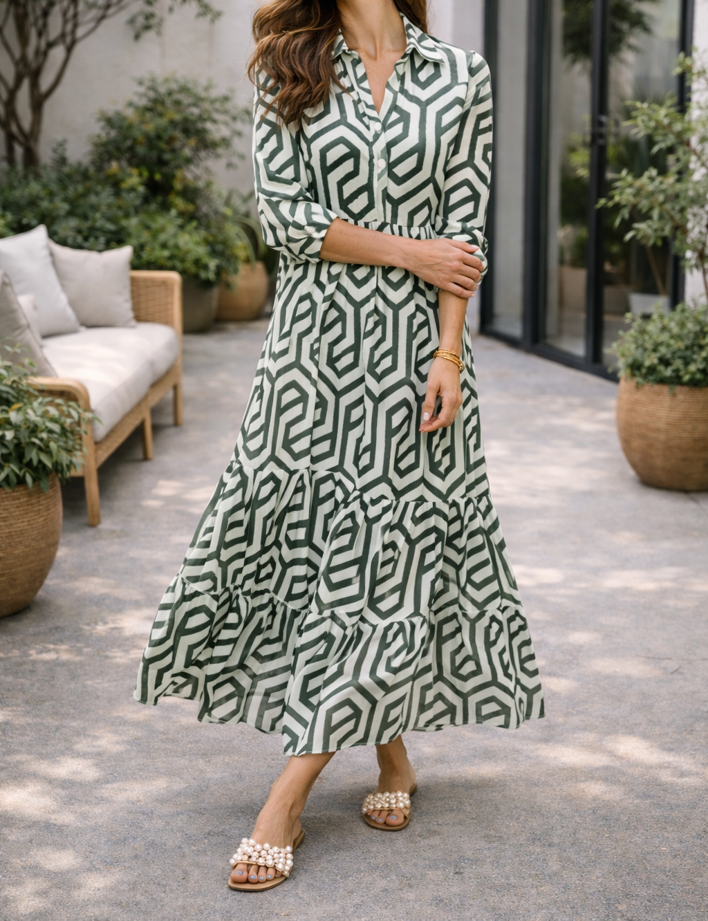 Abito lungo da donna a maniche lunghe con stampa geometrica – Stile casual, elegante e fluido