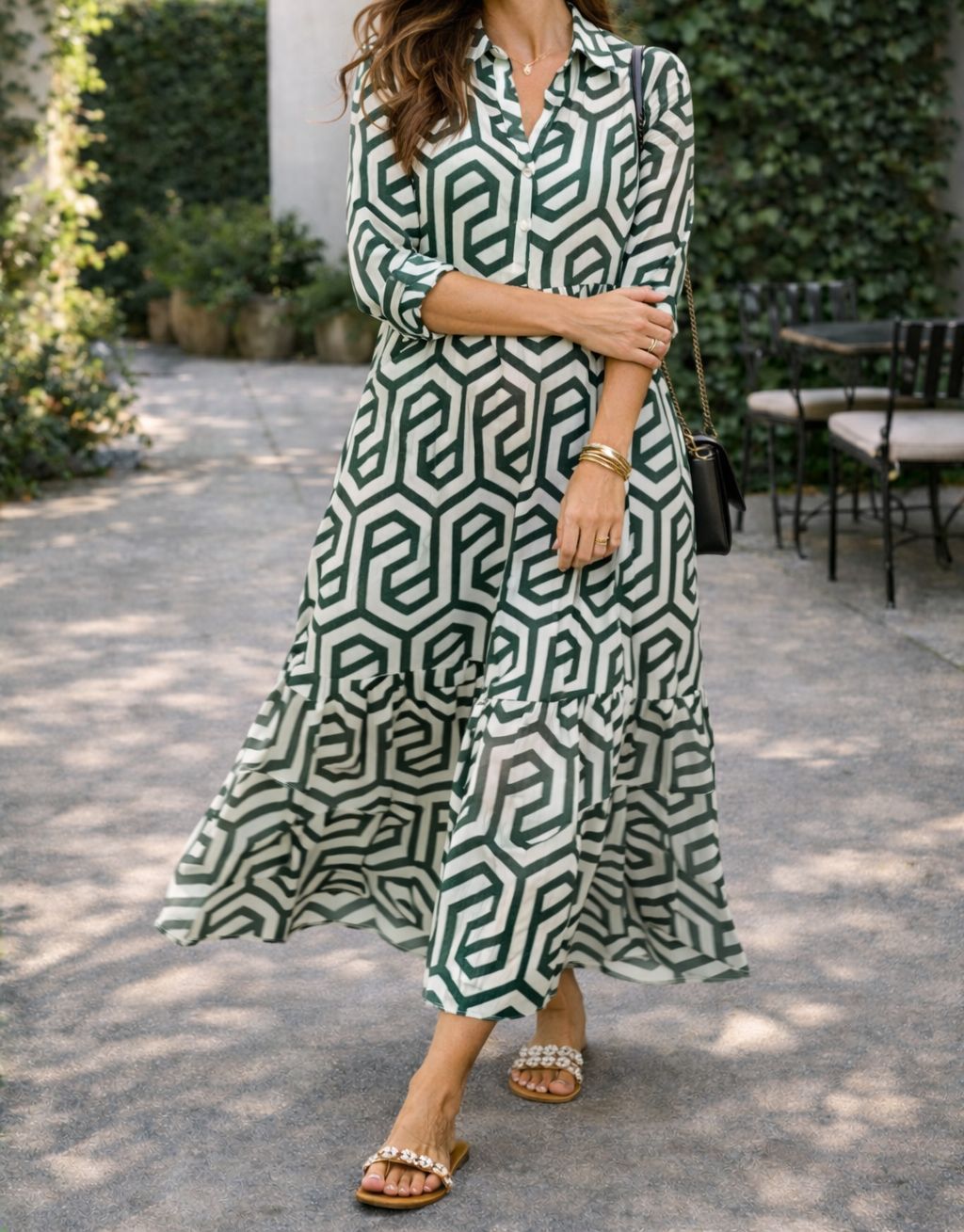 Abito lungo da donna a maniche lunghe con stampa geometrica – Stile casual, elegante e fluido